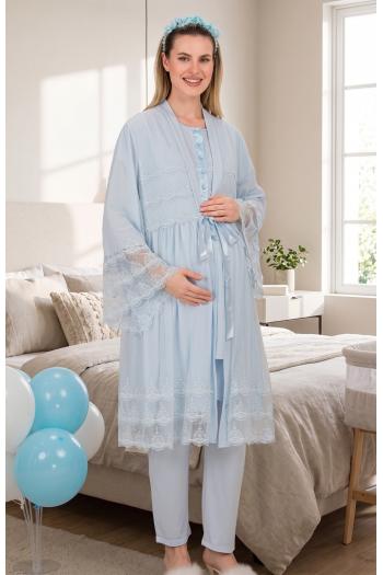 RİMEL Mavi Kısa Kollu Dantelli Lohusa Pijama Takım Sabahlık 33010